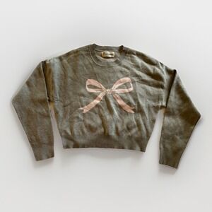 No Boundaries Women's Gray Cropped Sweater Light Pink Bow Pullover Soft